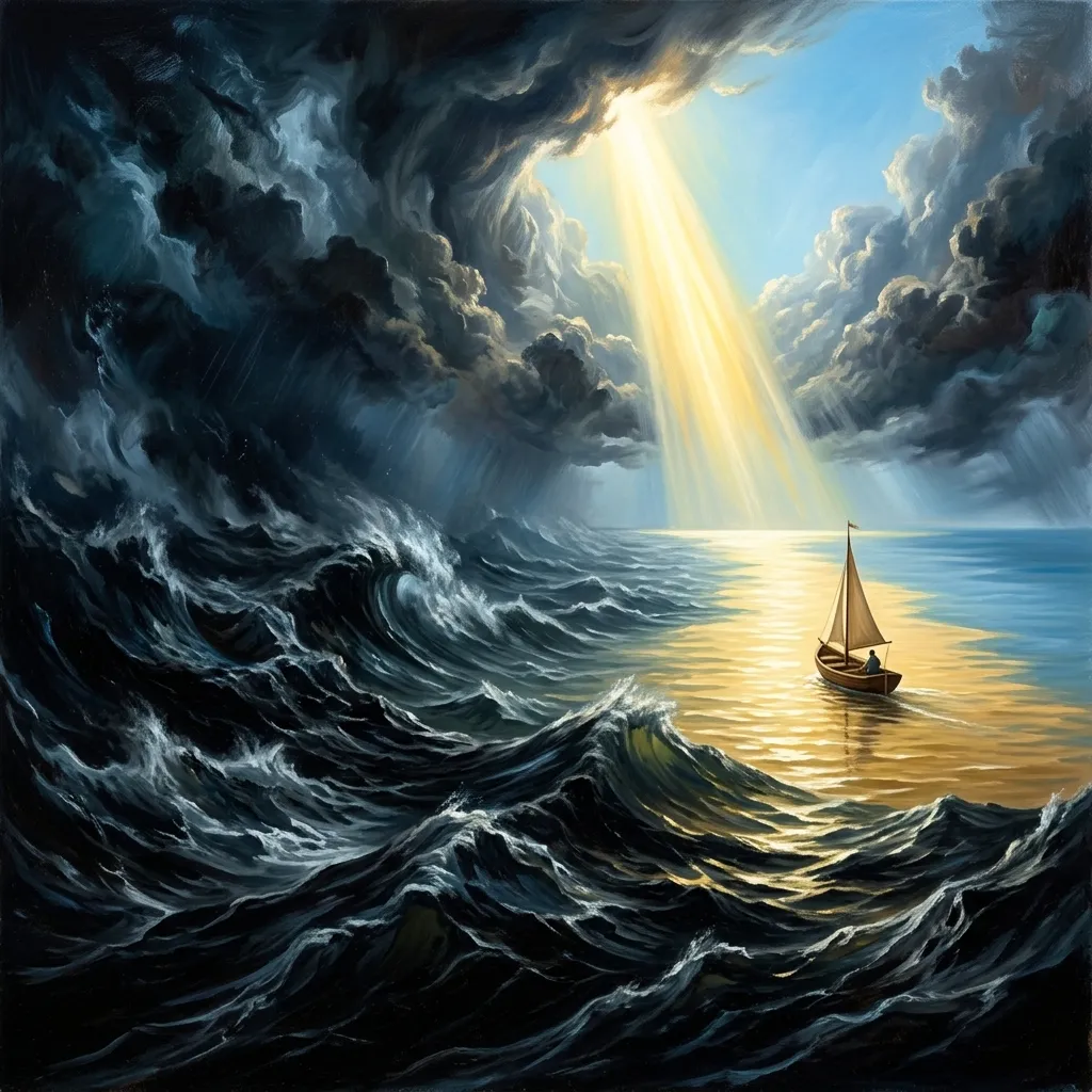 A small sailboat crossing a stormy ocean towards a beam of divine light, symbolizing crossing over Maya