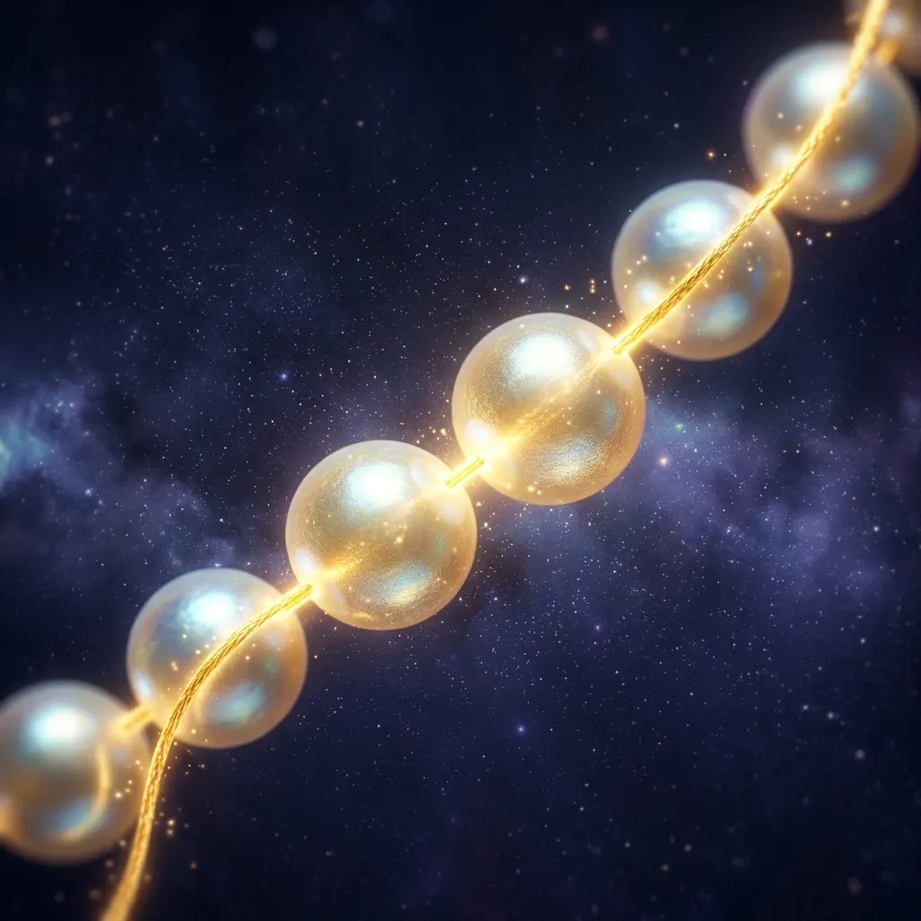 Rows of glowing pearls on a golden cosmic thread, representing all of creation strung on the Divine