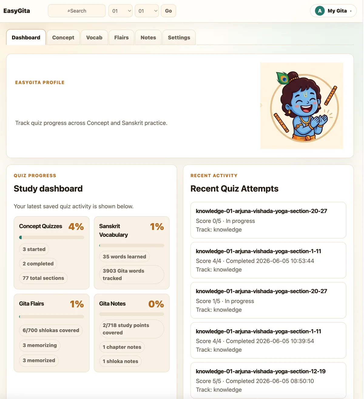 EasyGita profile dashboard showing quiz progress, Sanskrit vocabulary progress, Gita flairs, Gita notes, and recent quiz attempts