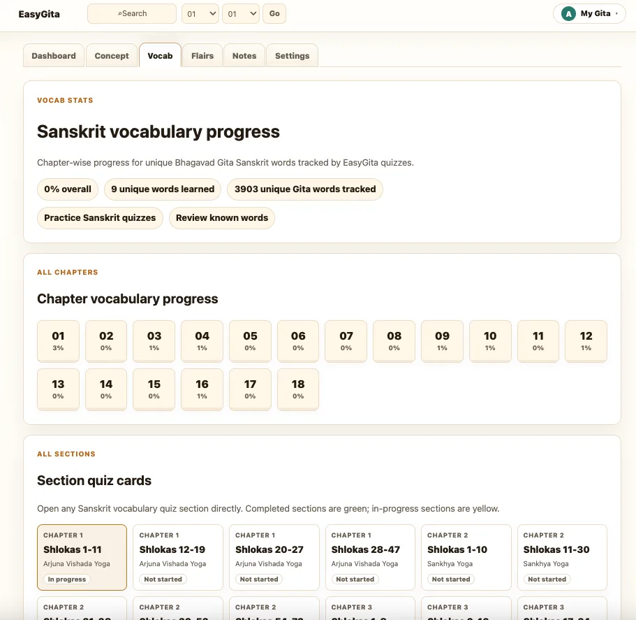 EasyGita Sanskrit vocabulary progress page with chapter vocabulary progress and section quiz cards