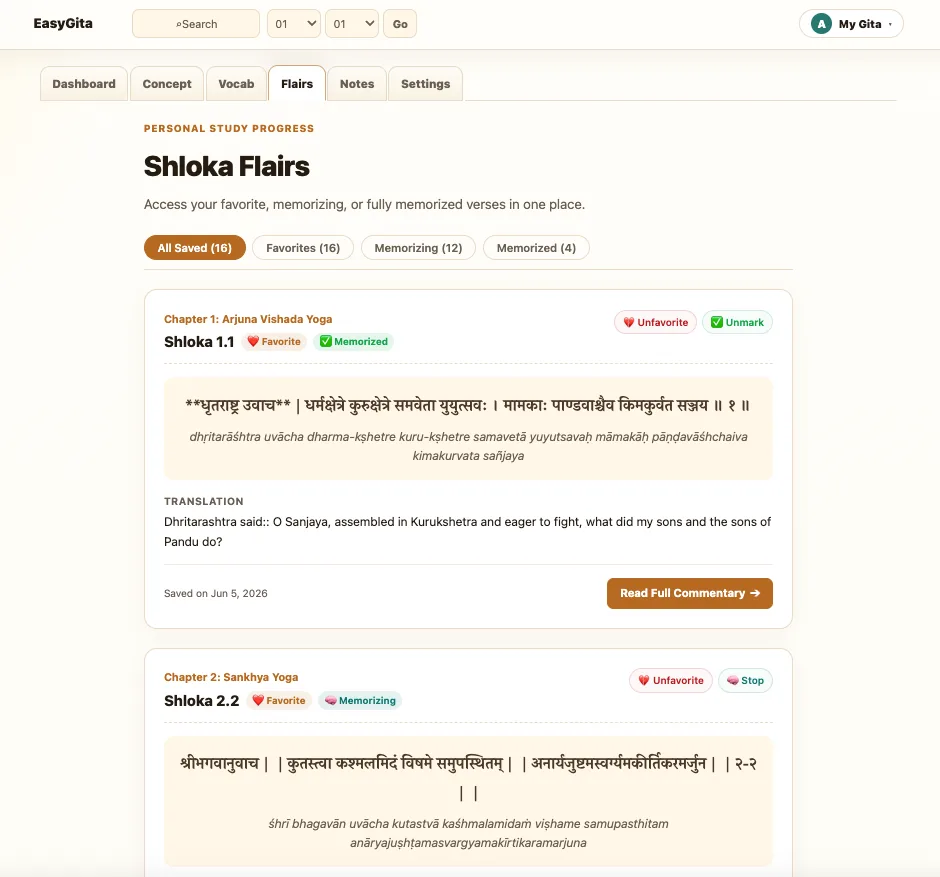 EasyGita Shloka Flairs page showing saved verses with Favorite, Memorizing, and Memorized labels